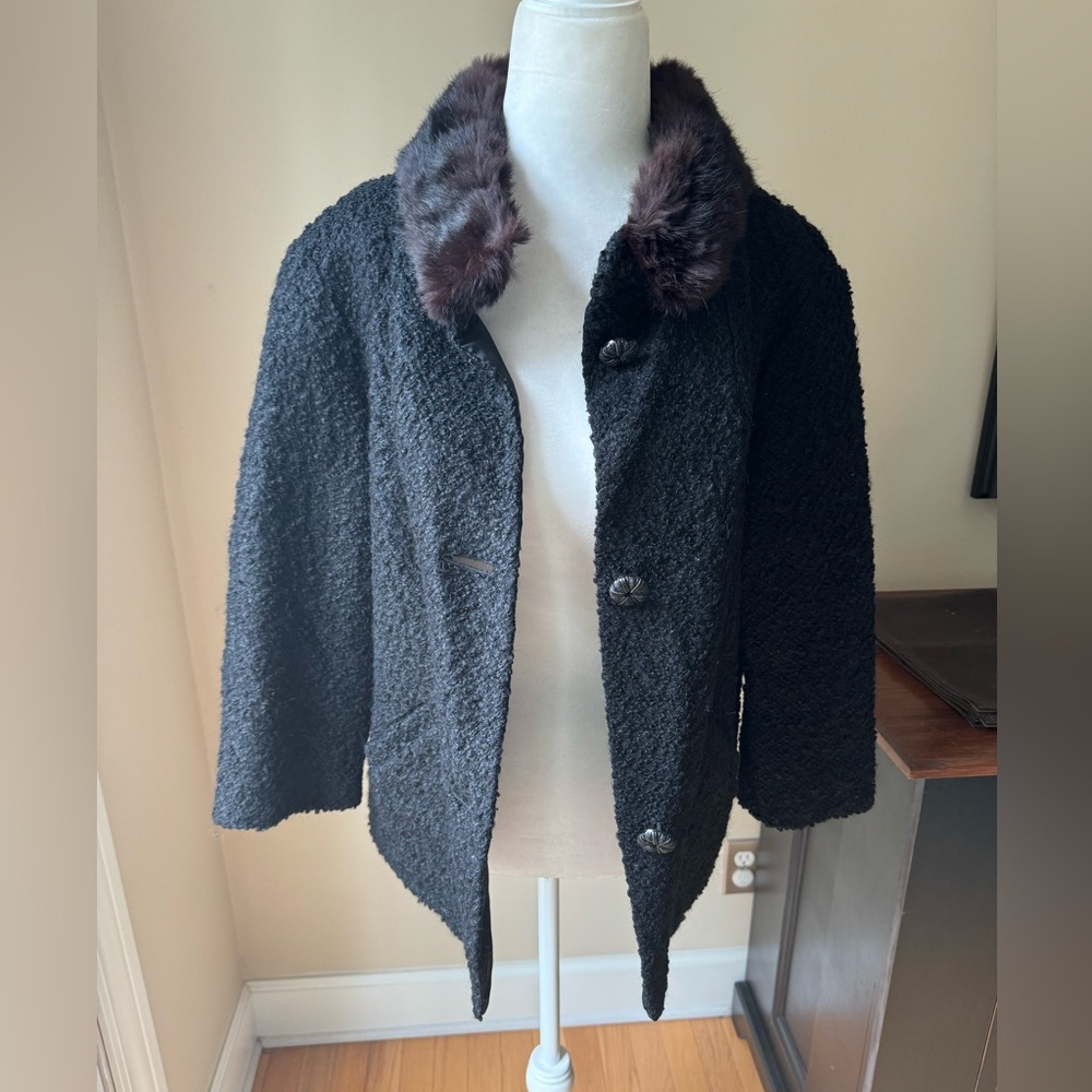 Winter Black Wool Blend & Satin Rabbit Coat Jacket size LARGE